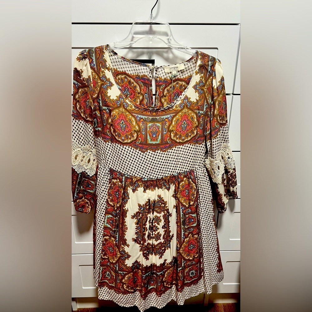 Umgee USA Boho Bohemian Paisley Peasant Lace Tunic Dress NWT (D3)